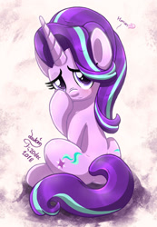Size: 898x1300 | Tagged: safe, artist:joakaha, character:starlight glimmer, species:pony, species:unicorn, cute, female, glimmerbetes, looking at you, looking back, mare, signature, simple background, sitting, smiling, solo, white background