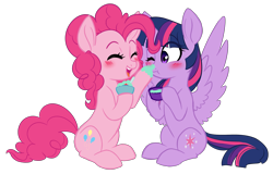 Size: 3201x2043 | Tagged: safe, artist:chub-wub, character:pinkie pie, character:twilight sparkle, character:twilight sparkle (alicorn), species:alicorn, species:earth pony, species:pony, ship:twinkie, blushing, boop, cute, eyes closed, female, food, lesbian, mare, pudding, puddle, shipping, simple background, smiling, spread wings, transparent background, wings