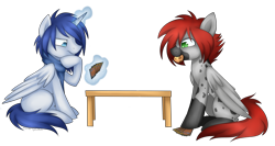 Size: 1024x543 | Tagged: safe, artist:scarlet-spectrum, oc, oc:prince nova, oc:tricky spirit, species:alicorn, species:pegasus, species:pony, alicorn oc, blep, cookie, ear piercing, earring, food, jewelry, magic the gathering, piercing, silly, table, tongue out