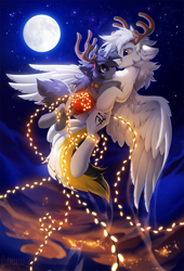 Size: 1020x1500 | Tagged: safe, artist:hioshiru, oc, oc only, oc:kate, oc:kej, species:pegasus, species:pony, species:unicorn, antlers, christmas, christmas ornament, cloud, decoration, ear fluff, female, fluffy, flying, full moon, holiday, k+k, male, mare, moon, night, night sky, oc x oc, ornament, reindeer antlers, saddle bag, shipping, sky, spread wings, stallion, starry night, wings