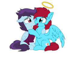 Size: 2928x2256 | Tagged: safe, artist:aureai, artist:cyanlightning, oc, oc only, oc:autumn moon, oc:microburst, species:pegasus, species:pony, 2019 community collab, derpibooru community collaboration, .svg available, absurd resolution, clothing, crying, duo, feels, female, floppy ears, folded wings, halo, hug, male, mare, right in the feels, sad, simple background, spread wings, stallion, svg, tears of joy, teary eyes, the feels, transparent background, vector, wings