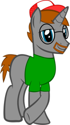 Size: 794x1418 | Tagged: safe, artist:red4567, oc, oc:red forseven, species:pony, species:unicorn, 2019 community collab, derpibooru community collaboration, beard, clothing, facial hair, glasses, green shirt, hat, male, shirt, simple background, solo, transparent background, trucker hat, vector