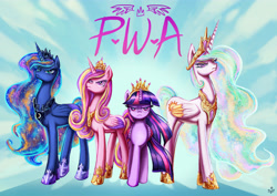 Size: 4961x3508 | Tagged: safe, artist:jowyb, character:princess cadance, character:princess celestia, character:princess luna, character:twilight sparkle, character:twilight sparkle (alicorn), species:alicorn, species:pony, alicorn tetrarchy, ethereal mane, female, looking at you, mare, nwa, parody, royal sisters
