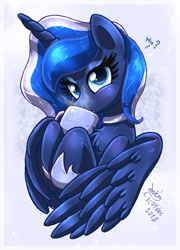 Size: 865x1200 | Tagged: safe, artist:joakaha, character:princess luna, species:pony, cute, drinking, female, looking at you, lunabetes, mug, solo