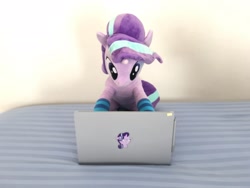 Size: 2048x1536 | Tagged: safe, artist:nekokevin, character:starlight glimmer, species:pony, species:unicorn, series:nekokevin's glimmy, :i, bed, clothing, computer, female, i mean i see, irl, laptop computer, looking down, mare, photo, plushie, socks, solo, striped socks