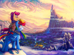 Size: 1098x812 | Tagged: safe, artist:jowyb, character:rainbow dash, character:scootaloo, species:pegasus, species:pony, :t, beautiful, bipedal, bipedal leaning, canterlot, canterlot mountain, clothing, cloud, cloudsdale, color porn, cute, cutealoo, dashabetes, duo, female, filly, glow, leaning, looking up, magic, majestic, mare, mountain, mountain range, open mouth, plot, ponies riding ponies, pony hat, ponyville, scarf, scenery, scenery porn, smiling, snow, snowfall, twilight's castle, valley, waterfall, winter