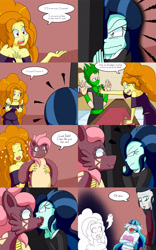 Size: 2000x3200 | Tagged: safe, artist:jake heritagu, character:adagio dazzle, character:chancellor neighsay, character:sonata dusk, oc, oc:dolly dusk, oc:ninja brad, oc:rux, parent:chancellor neighsay, parent:sonata dusk, comic:aria's archives, my little pony:equestria girls, clothing, comic, dagger to the heart, dialogue, dress, equestria girls-ified, female, grimdark series, laughing, male, nom, plushie, questionable series, sonata needs all of her ass kicked, speech bubble