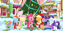 Size: 3492x1718 | Tagged: safe, artist:porygon2z, character:applejack, character:fluttershy, character:pinkie pie, character:rainbow dash, character:rarity, character:spike, character:twilight sparkle, bell, candy, candy cane, christmas, food, hearth's warming, hearth's warming tree, holiday, mane seven, mane six, red nose, singing, snow, song, tree, wreath