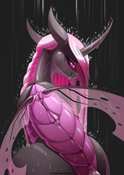 Size: 2480x3508 | Tagged: safe, artist:underpable, oc, oc only, oc:esalen, species:changeling, changeling oc, changeling queen, changeling queen oc, fangs, female, looking back, misleading thumbnail, pink changeling, rain, smiling, solo