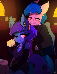 Size: 1280x1656 | Tagged: safe, artist:bbsartboutique, oc, oc:evening lily, oc:moonshot, species:anthro, species:bat pony, bat pony oc, blushing, clothing, commission, date, dress, eveshot, female, holding hands, jewelry, male, romantic, shipping, sitting, smiling, suit