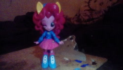 Size: 1600x912 | Tagged: safe, artist:user15432, character:pinkie pie, species:human, my little pony:equestria girls, boots, clothing, doll, equestria girls minis, irl, photo, ponied up, pony ears, ponytail, shoes, toy, wondercolts, wondercolts uniform