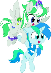 Size: 6035x8579 | Tagged: safe, artist:aureai, artist:cyanlightning, oc, oc only, oc:blue sky lightning, oc:cyan lightning, oc:emerald lightning, oc:green lightning, species:pegasus, species:pony, species:unicorn, 2019 community collab, derpibooru community collaboration, .svg available, absurd resolution, brother and sister, chest fluff, clothing, colt, duo, ear fluff, female, filly, flying, leg warmers, male, open mouth, plushie, scarf, siblings, simple background, spread wings, transparent background, vector, wings