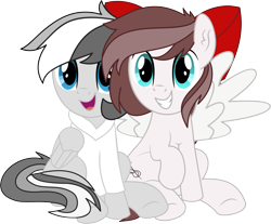 Size: 6168x5119 | Tagged: safe, artist:cyanlightning, oc, oc only, oc:aurelia freefeather, oc:chrome finish, species:pony, 2019 community collab, derpibooru community collaboration, .svg available, absurd resolution, bow, clothing, duo, ear fluff, female, folded wings, hair bow, hoodie, mare, raised hoof, simple background, sitting, spread wings, transparent background, vector, wings