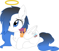 Size: 6181x5343 | Tagged: safe, artist:aureai, artist:cyanlightning, character:scootaloo, oc, oc only, oc:frozen tears, species:pegasus, species:pony, 2019 community collab, derpibooru community collaboration, .svg available, absurd resolution, blushing, canon x oc, chest fluff, ear fluff, feels, female, folded wings, hair over one eye, halo, mare, memorial, plushie, right in the feels, simple background, sitting, the feels, transparent background, vector, wings