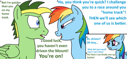 Size: 1280x600 | Tagged: safe, artist:didgereethebrony, base used, character:rainbow dash, oc, oc:didgeree, species:pegasus, species:pony, blue eyes, challenge, dialogue, grammar error, instant regret, simple background, smug, this will not end well, transparent background