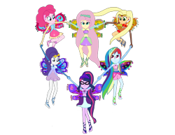 Size: 3072x2371 | Tagged: safe, artist:gouhlsrule, artist:user15432, character:applejack, character:fluttershy, character:pinkie pie, character:rainbow dash, character:rarity, character:twilight sparkle, character:twilight sparkle (alicorn), character:twilight sparkle (scitwi), species:alicorn, species:eqg human, species:human, species:pony, my little pony:equestria girls, alternate hairstyle, alternate universe, bandeau, barefoot, belly button, clothing, colored wings, convergence, crossover, enchantix, fairies, fairies are magic, fairy, fairy wings, fairyized, feet, glasses, gloves, hairstyle, hasbro, hasbro studios, heart, humanized, jewelry, long gloves, mane six, midriff, multicolored wings, necklace, orange wings, pink wings, purple wings, rainbow s.r.l, rainbow wings, skirt, winged humanization, wings, winx club, yellow wings