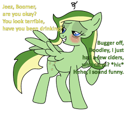 Size: 1024x931 | Tagged: safe, artist:didgereethebrony, base used, oc, oc:boomerang beauty, oc:doodley, species:pegasus, species:pony, blue eyes, blushing, cutie mark, dialogue, drunk, offscreen character, simple background, solo, transparent background