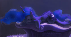Size: 1442x750 | Tagged: safe, artist:grissaecrim, character:princess luna, species:alicorn, species:pony, episode:do princesses dream of magic sheep?, cute, dream, eyes closed, female, lunabetes, mare, missing accessory, patreon, prone, sleeping, smiling, solo, sweet dreams fuel
