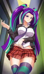 Size: 722x1200 | Tagged: safe, artist:thebrokencog, character:aria blaze, species:human, big breasts, breasts, busty aria blaze, canterlot high, clothing, door, eyelashes, eyeshadow, female, frown, hair tie, hallway, humanized, indoors, jacket, lockers, looking at you, low angle, makeup, miniskirt, necktie, pigtails, plaid skirt, pleated skirt, schoolgirl, sexy, shirt, skirt, socks, solo, striped socks, thigh highs, thighs, tight clothing, twintails, zettai ryouiki