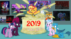 Size: 6270x3488 | Tagged: safe, artist:ejlightning007arts, character:applejack, character:capper dapperpaws, character:captain celaeno, character:fizzlepop berrytwist, character:fluttershy, character:gallus, character:pinkie pie, character:princess skystar, character:queen novo, character:rainbow dash, character:rarity, character:silverstream, character:spike, character:starlight glimmer, character:storm king, character:sunset shimmer, character:tempest shadow, character:twilight sparkle, character:twilight sparkle (alicorn), species:alicorn, species:pony, ship:gallstream, ship:tempestlight, my little pony: the movie (2017), my little pony:equestria girls, 2019, art museum, cake, clothing, female, food, gasping, happy new year, happy new year 2019, holiday, i mean i see, infinity gauntlet, judy hopps, lesbian, shipping, shocked, straight, swimsuit, thanos, the incredibles, the incredibles 2, violet parr, zootopia