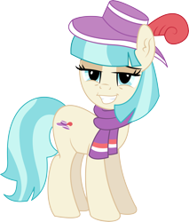 Size: 4992x5857 | Tagged: safe, artist:cyanlightning, character:coco pommel, species:earth pony, species:pony, .svg available, absurd resolution, chest fluff, clothing, ear fluff, female, hat, lidded eyes, mare, open mouth, scarf, simple background, smug, solo, transparent background, vector