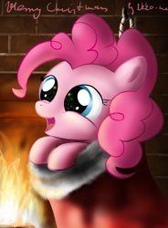 Size: 2689x3659 | Tagged: safe, artist:neko-me, character:pinkie pie, species:earth pony, species:pony, christmas stocking, cute, diapinkes, eye reflection, female, fire, fireplace, reflection, sock, solo