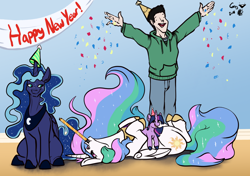 Size: 1280x899 | Tagged: safe, artist:greyscaleart, character:princess celestia, character:princess luna, character:twilight sparkle, character:twilight sparkle (unicorn), oc, oc:human grey, species:alicorn, species:human, species:pony, species:unicorn, clothing, confetti, constellation freckles, female, freckles, fwee, greyscaleart is trying to murder us, happy new year, happy new year 2019, hat, holiday, human male, male, mare, on back, party hat, royal sisters, signature