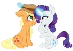 Size: 4496x3152 | Tagged: safe, artist:chub-wub, character:applejack, character:rarity, species:earth pony, species:pony, species:unicorn, ship:rarijack, blushing, clothing, cute, female, glowing horn, hat, jackabetes, lesbian, magic, mare, raribetes, shipping, simple background, smiling, transparent background