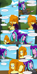 Size: 2000x4000 | Tagged: safe, artist:jake heritagu, character:adagio dazzle, character:aria blaze, comic:aria's archives, my little pony:equestria girls, bench, cigarette, clothing, comic, dialogue, dress, female, grimdark series, hoodie, park bench, questionable series, smoking, speech bubble, tree