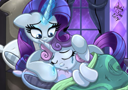 Size: 1270x900 | Tagged: safe, artist:joakaha, character:rarity, character:sweetie belle, species:pony, species:unicorn, comforting, crying, cute, diasweetes, female, filly, mare, sisterly love, sisters, sleeping