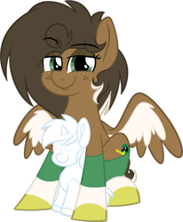 Size: 991x1200 | Tagged: safe, artist:binkyt11, derpibooru original, oc, oc only, oc:duck badge, species:pegasus, species:pony, species:unicorn, 2019 community collab, derpibooru, derpibooru community collaboration, derpibooru ponified, background pony, clothing, default avatar, dreamworks face, eyeshadow, female, freckles, implied shipping, looking at you, makeup, mare, medibang paint, meta, no pupils, phone drawing, plushie, ponified, simple background, smug, socks, solo, spread wings, striped socks, transparent background, wings