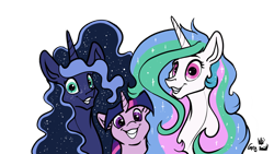 Size: 1280x720 | Tagged: dead source, safe, artist:greyscaleart, character:princess celestia, character:princess luna, character:twilight sparkle, character:twilight sparkle (unicorn), species:alicorn, species:pony, species:unicorn, adoracreepy, bust, constellation freckles, creepy, cute, cutelestia, female, freckles, greyscaleart is trying to murder us, grin, long mane, looking at you, lunabetes, mare, messy mane, missing accessory, royal sisters, signature, simple background, smiling, squee, thousand yard stare, transparent background, trio, twiabetes, wide eyes