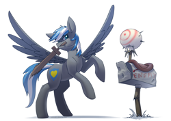 Size: 3508x2480 | Tagged: safe, artist:underpable, oc, oc only, oc:cloud zapper, species:pegasus, species:pony, dummy, mailbox, male, simple background, solo, stallion, weapon, white background, wings, wooden sword