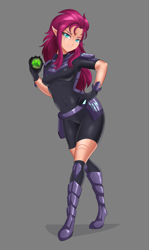 Size: 1195x2000 | Tagged: safe, artist:thebrokencog, character:tempest shadow, species:human, my little pony: the movie (2017), armor, elf ears, female, gray background, hand on hip, humanized, orb, simple background, solo, unconvincing armor