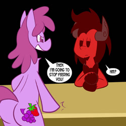 Size: 576x576 | Tagged: safe, artist:pembroke, character:berry punch, character:berryshine, oc, oc:louie, species:demon pony, species:earth pony, species:pony, berry butt, butt, dialogue, hell, here comes berry punch, plot, single panel, speech bubble