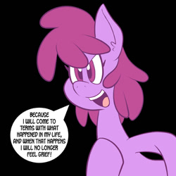 Size: 576x576 | Tagged: safe, artist:pembroke, character:berry punch, character:berryshine, species:earth pony, species:pony, black background, dialogue, hell, here comes berry punch, simple background, single panel, speech bubble