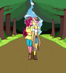 Size: 1800x2000 | Tagged: safe, artist:jake heritagu, character:gloriosa daisy, character:vignette valencia, equestria girls:legend of everfree, equestria girls:rollercoaster of friendship, g4, my little pony: equestria girls, my little pony:equestria girls, clothing, crack shipping, eyes closed, female, gloriette, holding hands, lesbian, shipping, smiling, tree, vignette valencia, walking