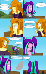 Size: 2000x3200 | Tagged: safe, artist:jake heritagu, character:adagio dazzle, character:aria blaze, comic:aria's archives, my little pony:equestria girls, bench, cigarette, clothing, comic, dialogue, dress, female, grimdark series, hoodie, park bench, questionable series, smoking, speech bubble