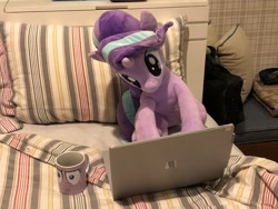 Size: 1024x768 | Tagged: safe, artist:nekokevin, character:starlight glimmer, species:pony, species:unicorn, series:nekokevin's glimmy, bed, bedsheets, computer, female, i mean i see, irl, laptop computer, mare, mug, photo, pillow, plushie, sitting, solo