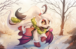 Size: 1280x834 | Tagged: safe, artist:hioshiru, oc, oc only, oc:fever dream, species:bat pony, species:pony, bat pony oc, bat wings, black sclera, boots, christmas ornament, clothing, colored wings, decoration, ear fluff, female, fluffy, hairband, looking at you, mare, monster mare, mouth hold, ponytail, running, shoes, signature, slit eyes, smiling, snow, snowfall, solo, spread wings, tree, wings, winter