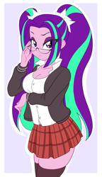 Size: 1035x1800 | Tagged: safe, artist:thebrokencog, character:aria blaze, equestria girls:rainbow rocks, g4, my little pony: equestria girls, my little pony:equestria girls, adorkasexy, ariabetes, breasts, cleavage, clothing, cute, eye clipping through hair, female, glasses, looking at you, meganekko, nerd, pigtails, plaid skirt, pleated skirt, school uniform, schoolgirl, simple background, skirt, socks, solo, thigh highs, twintails, white background, zettai ryouiki