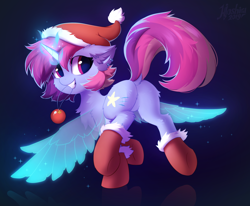 Size: 2238x1844 | Tagged: safe, alternate version, artist:hioshiru, oc, oc only, oc:stellar wind, parent:rainbow dash, parent:twilight sparkle, parents:twidash, species:pony, species:unicorn, artificial wings, augmented, boots, chest fluff, christmas, christmas ornament, clothing, decoration, dock, ear fluff, ear piercing, featureless crotch, female, fluffy, hat, holiday, looking at you, looking back, looking back at you, magic, magic wings, magical lesbian spawn, mare, offspring, piercing, plot, raffle prize, raised tail, santa hat, shoes, smiling, solo, sparkles, tail, wings