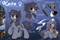 Size: 1280x855 | Tagged: safe, artist:hioshiru, oc, oc only, oc:kate, species:owl, species:pony, species:unicorn, blue background, chest fluff, clothing, color palette, cutie mark, ear fluff, female, fluffy tail, fourth doctor's scarf, leg fluff, magic, pen, profile, reference sheet, scarf, sign, sitting, standing, tail fluff, tongue out