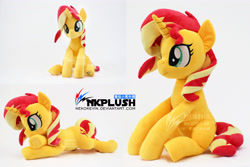 Size: 5184x3456 | Tagged: safe, artist:nekokevin, character:sunset shimmer, species:pony, species:unicorn, crossed hooves, female, irl, lying down, mare, photo, plushie, simple background, sitting, smiling, solo, underhoof, watermark, white background