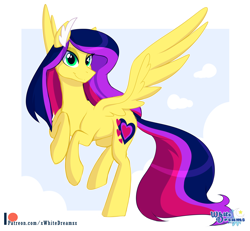 Size: 3000x2772 | Tagged: safe, artist:xwhitedreamsx, oc, oc only, species:pegasus, species:pony, abstract background, cloud, female, flying, looking at you, mare, multicolored hair, patreon, patreon logo, sky, smiling, solo, spread wings, wings