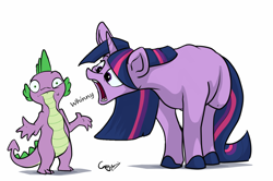 Size: 1280x848 | Tagged: safe, artist:greyscaleart, derpibooru original, edit, character:spike, character:twilight sparkle, character:twilight sparkle (unicorn), species:dragon, species:pony, species:unicorn, colored hooves, confused, eye twitch, female, frown, head tilt, hoers, horse noises, horses doing horse things, looking at you, male, mare, onomatopoeia, open mouth, shrug, simple background, wat, whinny, white background, wide eyes