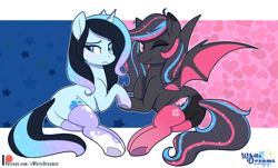 Size: 3129x1887 | Tagged: safe, artist:xwhitedreamsx, oc, oc only, oc:neon darksky, oc:stardust stellar, species:bat pony, species:pony, species:unicorn, blushing, clothing, commission, cute, cute little fangs, duo, duo female, fangs, female, holding hooves, looking at you, one eye closed, patreon, patreon logo, plot, socks, thigh highs, wavy mouth, wink