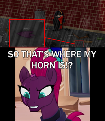 Size: 2001x2301 | Tagged: safe, artist:ejlightning007arts, edit, edited screencap, screencap, character:tempest shadow, species:pony, species:unicorn, my little pony: the movie (2017), broken horn, crossover, easter egg, horn, meme, the incredibles, trash, trash can, violet parr