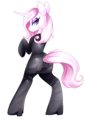 Size: 1280x1880 | Tagged: safe, artist:scarlet-spectrum, character:fleur-de-lis, species:pony, species:unicorn, bipedal, boots, catsuit, deviantart watermark, female, high heel boots, latex, latex suit, looking at you, mare, obtrusive watermark, plot, shoes, simple background, smiling, solo, stupid sexy fleur-de-lis, transparent background, watermark