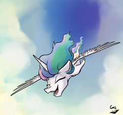 Size: 4613x4332 | Tagged: safe, artist:greyscaleart, character:princess celestia, species:alicorn, species:pony, absurd resolution, cloud, eyes closed, falling, female, flying, greyscaleart is trying to murder us, happy, mare, open mouth, signature, smiling, solo, spread wings, vertigo, wings